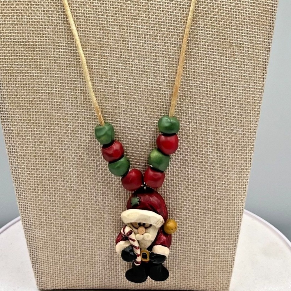 Vintage Retro Santa Claus Resin Pendant Necklace Christmas Holiday Folk Art Cord
